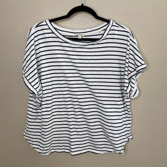 Max Studio Womens Striped Short Sleeve Top XL Casual Lightweight White Black - Picture 2 of 6